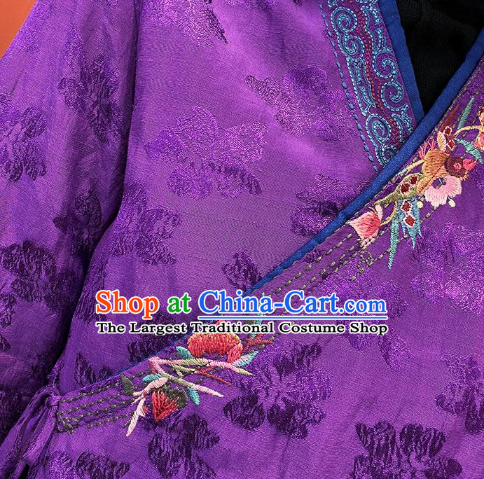 China Traditional Embroidered Winter Costume National Purple Flax Cotton Padded Jacket Women Tang Suit Over Coat
