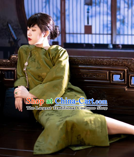 Republic of China Traditional Costume Classical Green Satin Qipao Dress National Women Cheongsam