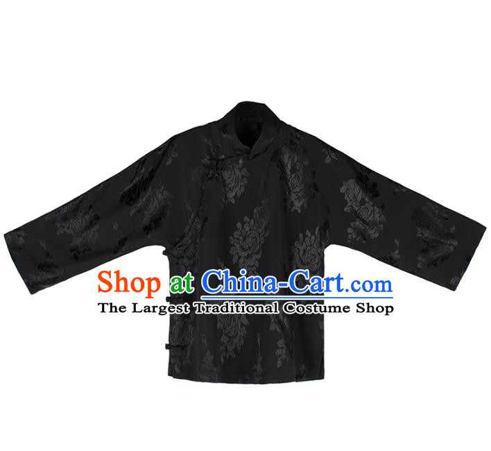 Chinese Traditional Black Silk Blouse Tang Suit Upper Outer Garment National Shirt for Women
