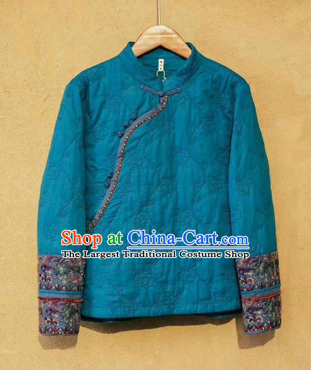China National Upper Outer Garment Traditional Costume Tang Suit Women Blue Cotton Padded Jacket