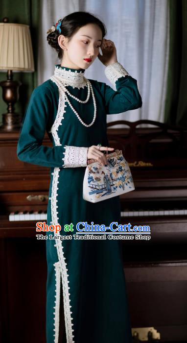 Chinese Classical Deep Blue Corduroy Qipao Dress Republic of China Traditional Women Costume National Cheongsam