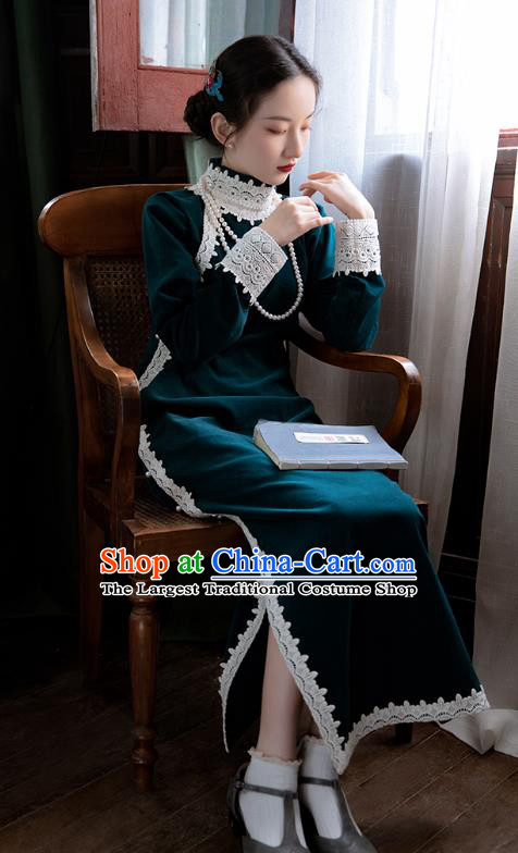 Chinese Classical Deep Blue Corduroy Qipao Dress Republic of China Traditional Women Costume National Cheongsam