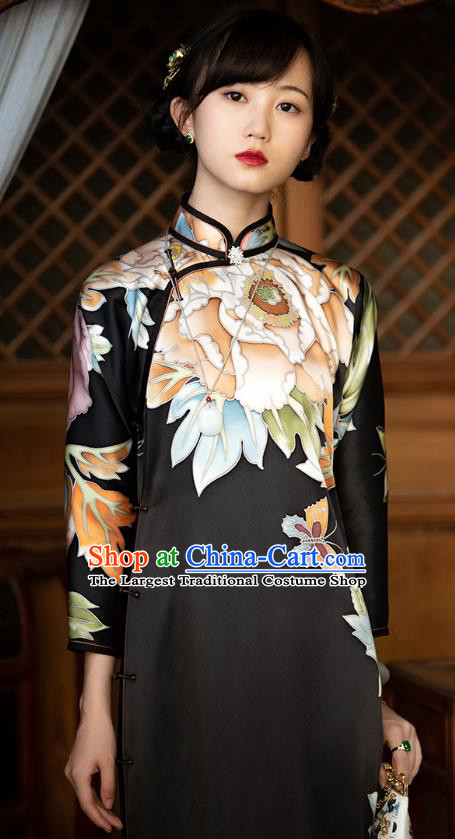 Republic of China Traditional National Costume Women Cheongsam Classical Peony Butterfly Pattern Black Silk Qipao Dress