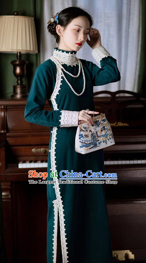 Chinese Classical Deep Blue Corduroy Qipao Dress Republic of China Traditional Women Costume National Cheongsam