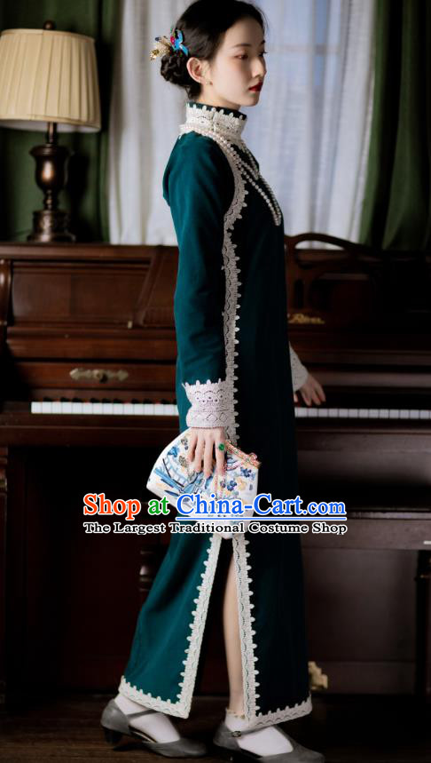 Chinese Classical Deep Blue Corduroy Qipao Dress Republic of China Traditional Women Costume National Cheongsam