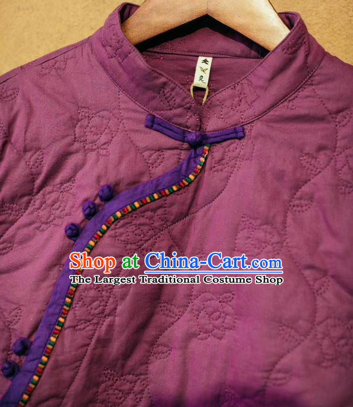 China Tang Suit Women Purple Cotton Padded Jacket Traditional Costume National Winter Upper Outer Garment