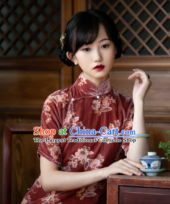 Republic of China Qipao Dress Traditional National Costume Classical Purplish Red Velvet Cheongsam