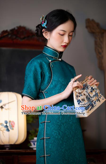 Republic of China Traditional Peacock Green Silk Qipao Dress Asian Classical Cheongsam National Retro Costume