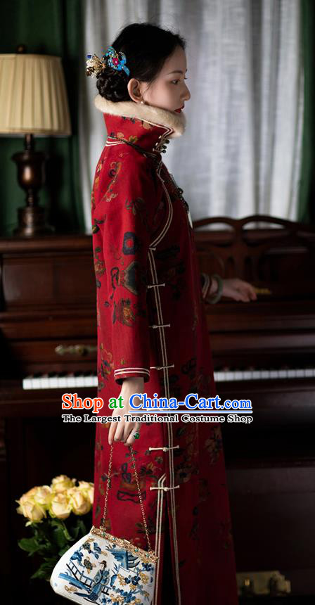 Chinese National Red Silk Cheongsam Republic of China Traditional Women Costume Classical Winter Qipao Dress