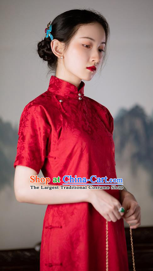 Chinese Traditional Costume National Cheongsam Republic of China Red Silk Qipao Dress