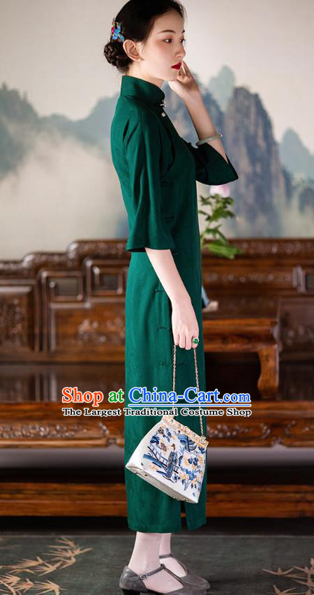 Republic of China Deep Green Qipao Dress Traditional Costume National Silk Cheongsam