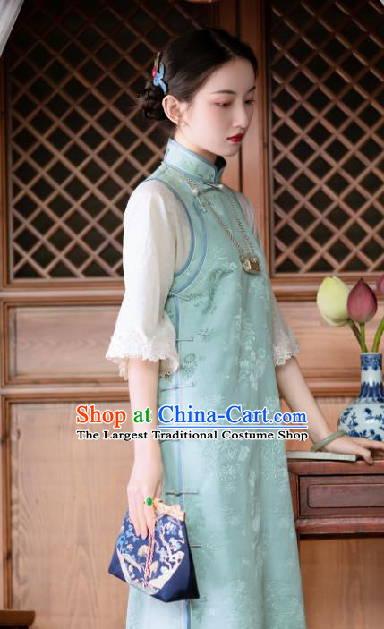 Chinese Light Blue Silk Qipao Dress Republic of China Traditional Costume National Cheongsam