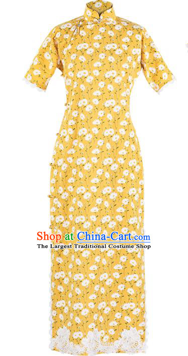 Chinese Classical Daity Pattern Yellow Qipao Dress China Traditional National Cheongsam Costume