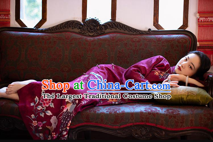 Chinese Classical Purple Silk Qipao Dress China Traditional National Cheongsam Qing Dynasty Noble Woman Costume