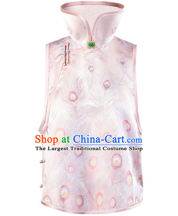 Chinese Tang Suit Pink Brocade Waistcoat Traditional National Women Clothing Classical Silk Vest