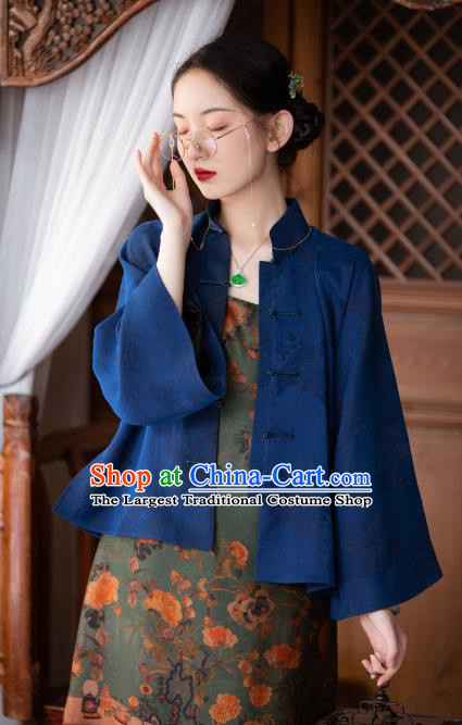 Chinese Tang Suit Upper Outer Garment Traditional National Shirt Clothing Classical Deep Blue Silk Blouse for Women