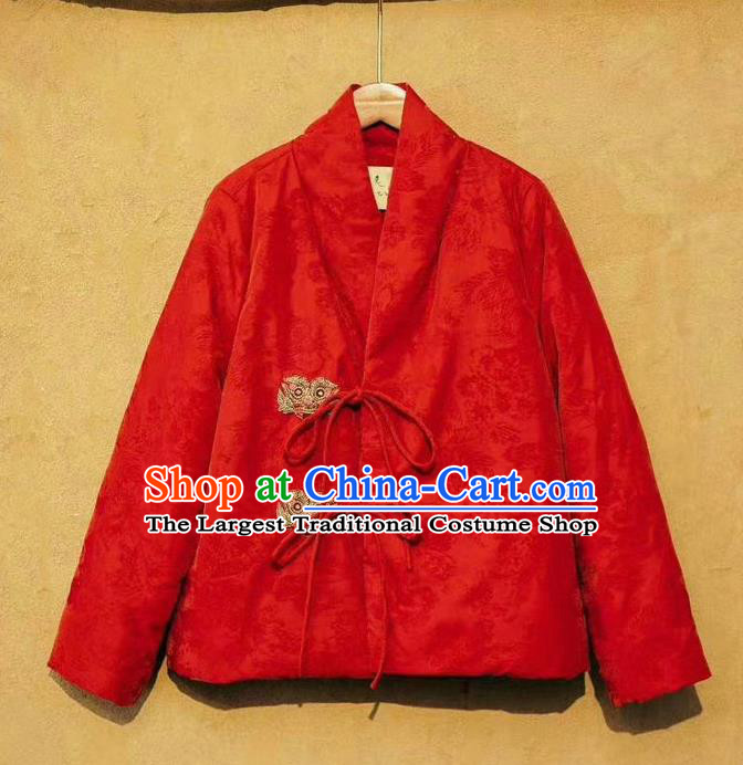 China Traditional Red Flocking Coat Tang Suit Outer Garment Costume National Women Winter Jacket