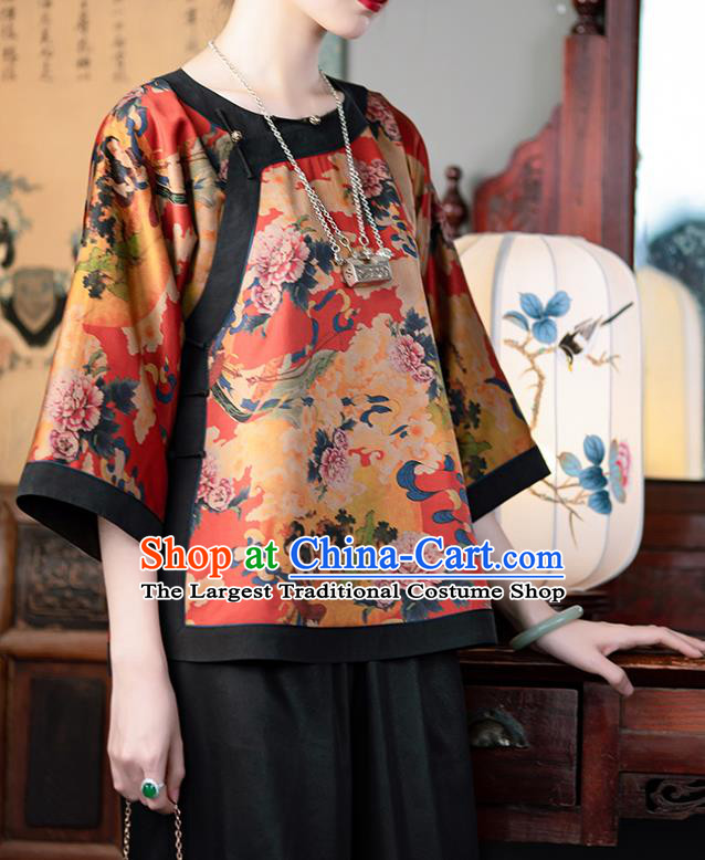 Chinese Classical Peony Pattern Red Silk Blouse Tang Suit Upper Outer Garment Traditional National Shirt Clothing for Women
