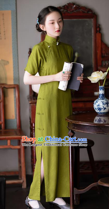 Chinese Traditional Women Cheongsam National Costume Classical Olive Green Qipao Dress