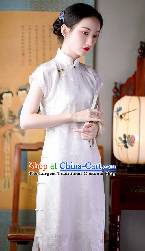 Chinese National Women Classical Qipao Dress Costume Traditional Peony Pattern White Silk Cheongsam
