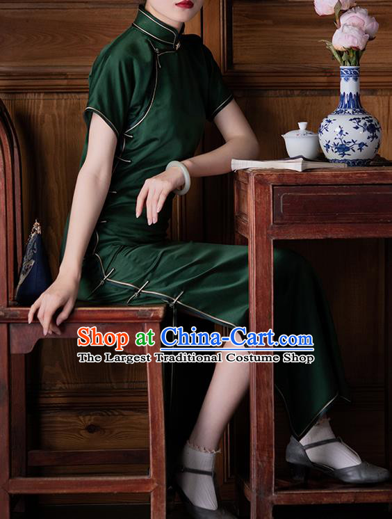 Chinese Traditional Classical Cheongsam Dark Green Silk Qipao Dress National Women Costume