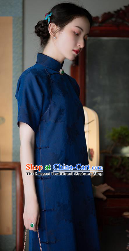 Chinese Traditional Cheongsam National Women Costume Classical Deep Blue Silk Qipao Dress