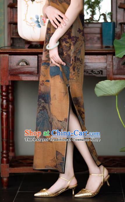 Chinese Traditional Qipao Dress National Women Classical Costume Ginger Silk Cheongsam