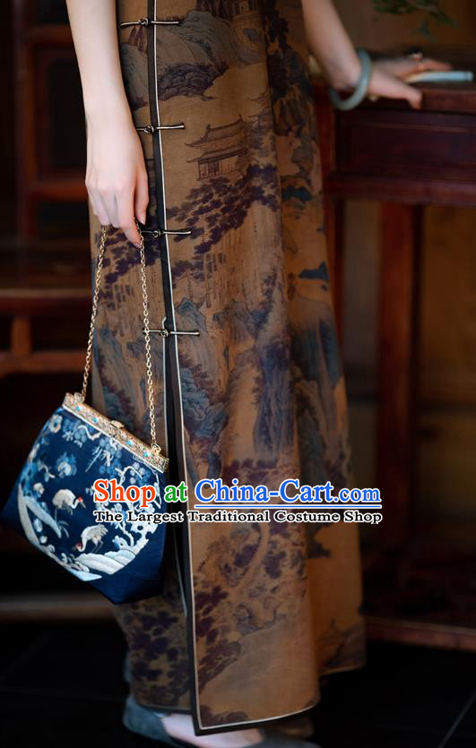 Chinese Traditional Qipao Dress National Women Classical Costume Ginger Silk Cheongsam