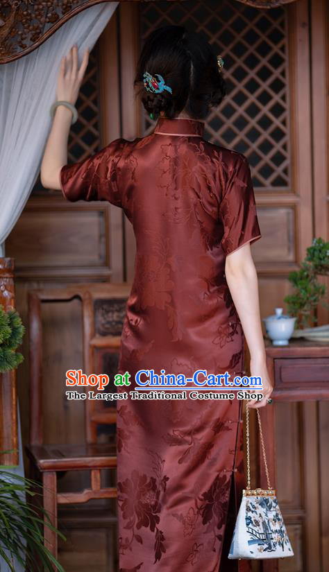 Chinese Traditional Peony Pattern Dark Red Qipao Dress National Women Costume Classical Silk Cheongsam
