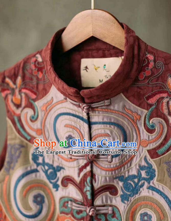 China National Embroidered Purplish Red Waistcoat Women Flax Vest Traditional Tang Suit Upper Outer Garment Clothing