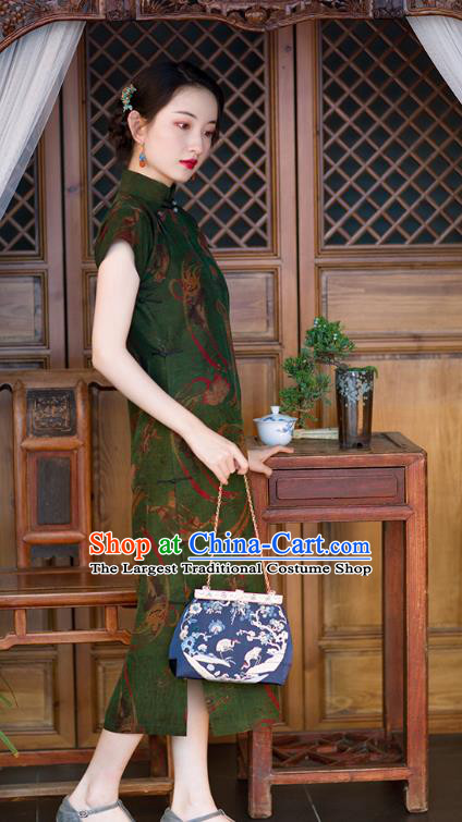Chinese Traditional National Women Dress Qipao Costume Classical Goddess Pattern Green Silk Cheongsam