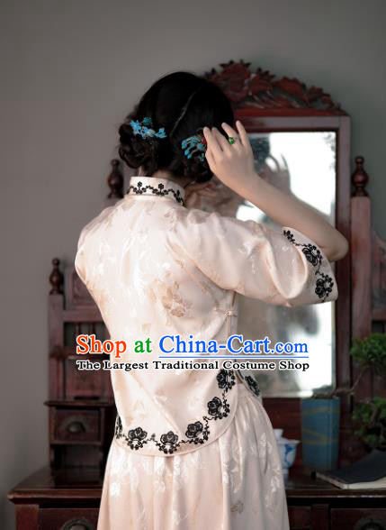 Chinese Traditional Stand Collar Shirt Classical Embroidered Beige Silk Blouse Tang Suit Upper Outer Garment Clothing for Women