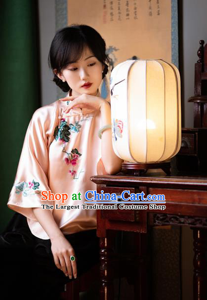 Chinese Traditional Embroidered Shirt Tang Suit Upper Outer Garment Classical Pink Silk Blouse for Women