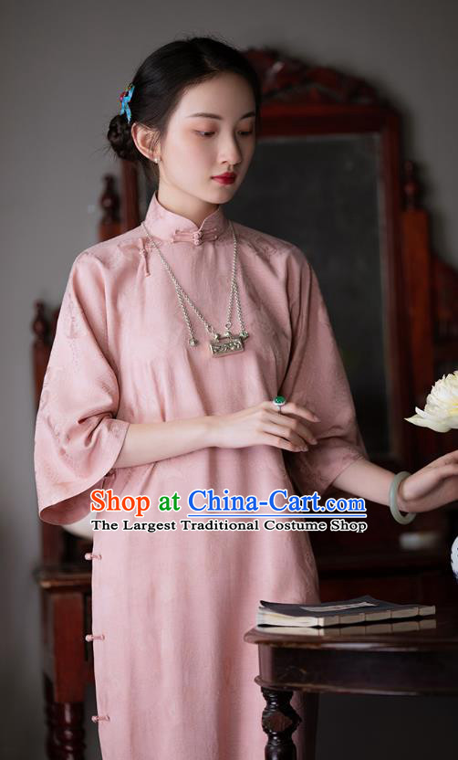 Chinese National Classical Qipao Dress Traditional Women Pink Silk Cheongsam Costume