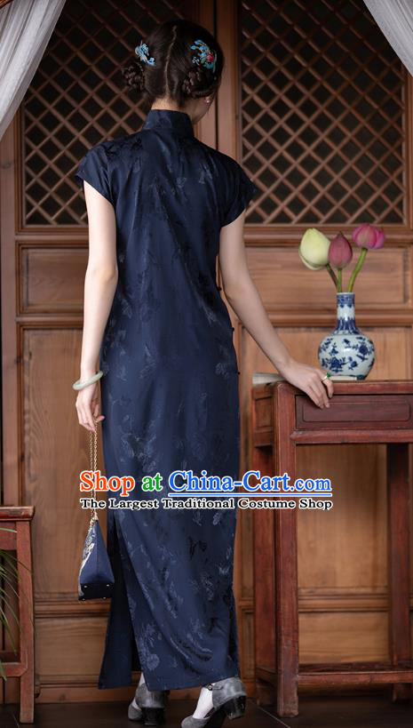 Chinese Traditional Women Navy Satin Cheongsam National Costume Classical Silk Qipao Dress