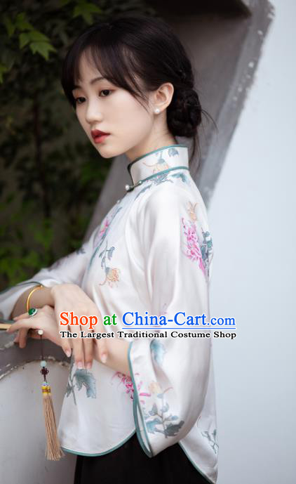 Chinese Traditional Printing Chrysanthemum White Silk Blouse Tang Suit Upper Outer Garment National Shirt for Women