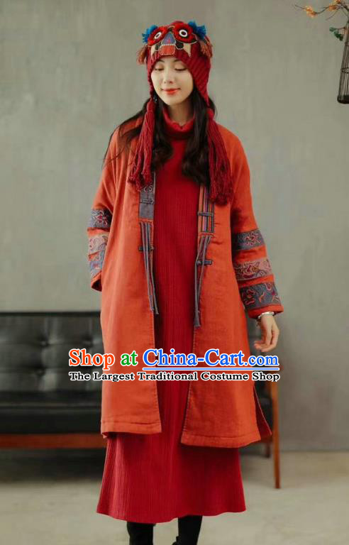 China National Embroidered Cotton Padded Coat Traditional Winter Costume Tang Suit Women Red Overcoat
