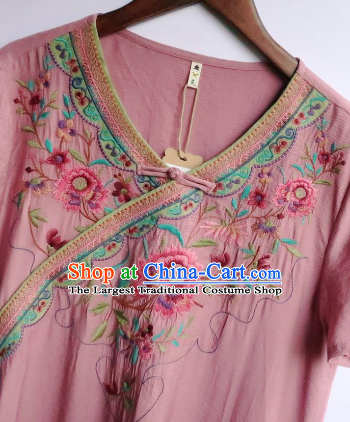 Chinese Traditional Embroidered Clothing National Pink Flax Qipao Dress Women Slant Opening Cheongsam