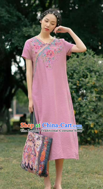 Chinese Traditional Embroidered Clothing National Pink Flax Qipao Dress Women Slant Opening Cheongsam