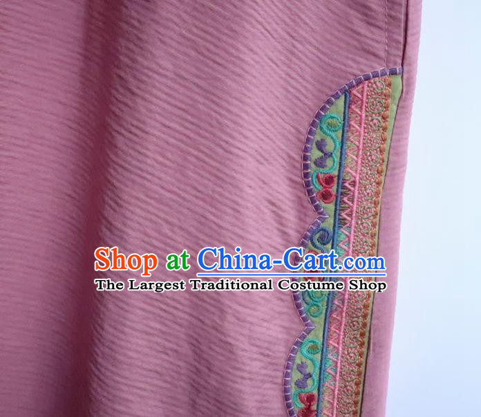 Chinese Traditional Embroidered Clothing National Pink Flax Qipao Dress Women Slant Opening Cheongsam