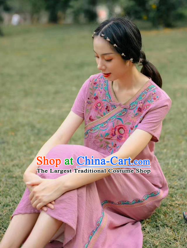 Chinese Traditional Embroidered Clothing National Pink Flax Qipao Dress Women Slant Opening Cheongsam