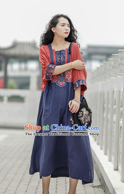 Chinese National Navy Flax Dress Women Traditional Embroidered Robe Clothing