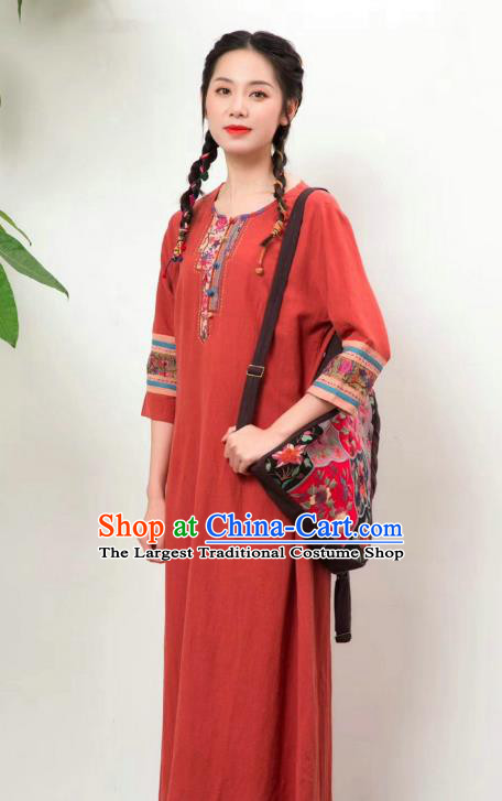 Chinese Women Traditional Clothing National Embroidered Red Flax Dress