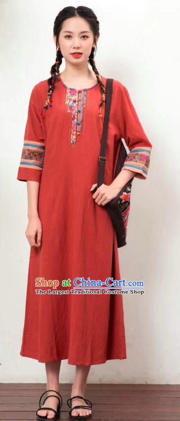 Chinese Women Traditional Clothing National Embroidered Red Flax Dress