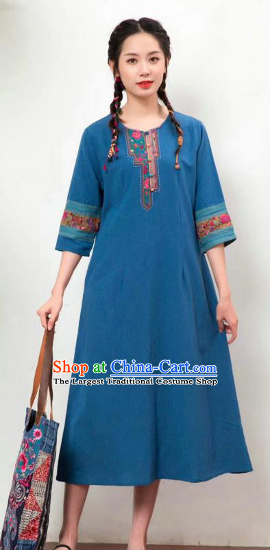 Chinese National Embroidered Costume Women Traditional Clothing Blue Flax Dress