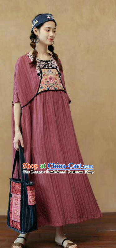 Chinese National Dark Red Flax Dress Embroidered Costume Women Traditional Clothing