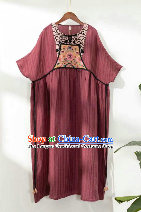 Chinese National Dark Red Flax Dress Embroidered Costume Women Traditional Clothing