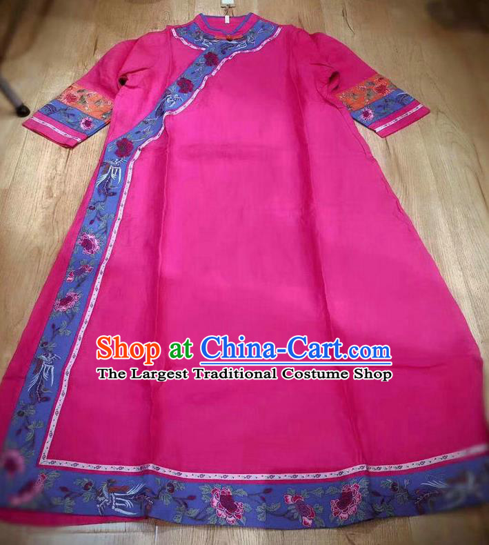 Chinese Women Traditional Cheongsam Clothing National Rosy Flax Qipao Dress Embroidered Costume