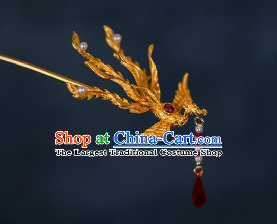 China Ming Dynasty Hair Accessories Handmade Ancient Golden Phoenix Tassel Hairpin