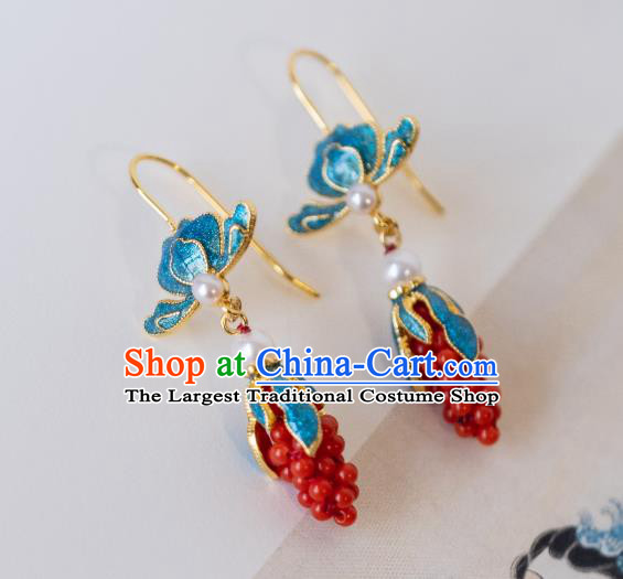 China Traditional Qing Dynasty Court Women Red Beads Grape Earrings Imperial Palace Enamel Ear Jewelry